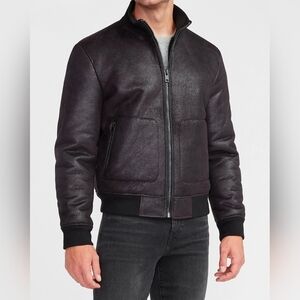 EXPRESS $248 BLACK FAUX LEATHER SHERPA LINED BOMBER JACKET Size L